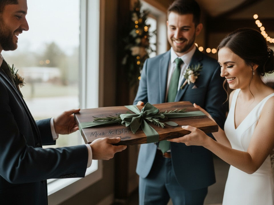 bride and groom receiving a wooden tray engraved with names and dates as a wedding gift from groomsmen