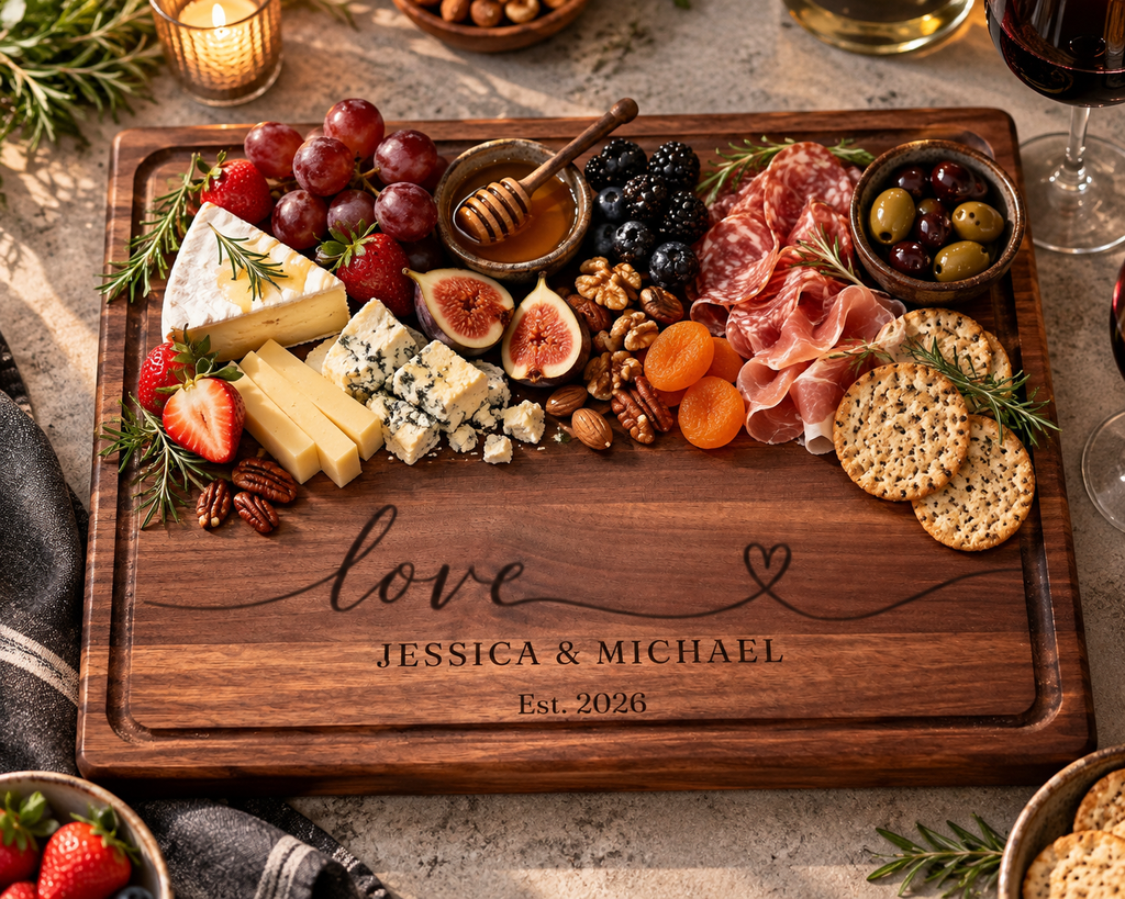 Personalized walnut charcuterie board styled with an assortment of cheeses, cured meats, crackers, grapes, figs and olives. Featuring a custom engraved love design with names and anniversary date, natural walnut wood grain and a routed juice groove. A beautiful hardwood serving board for entertaining, wedding gifts and anniversary celebrations.
