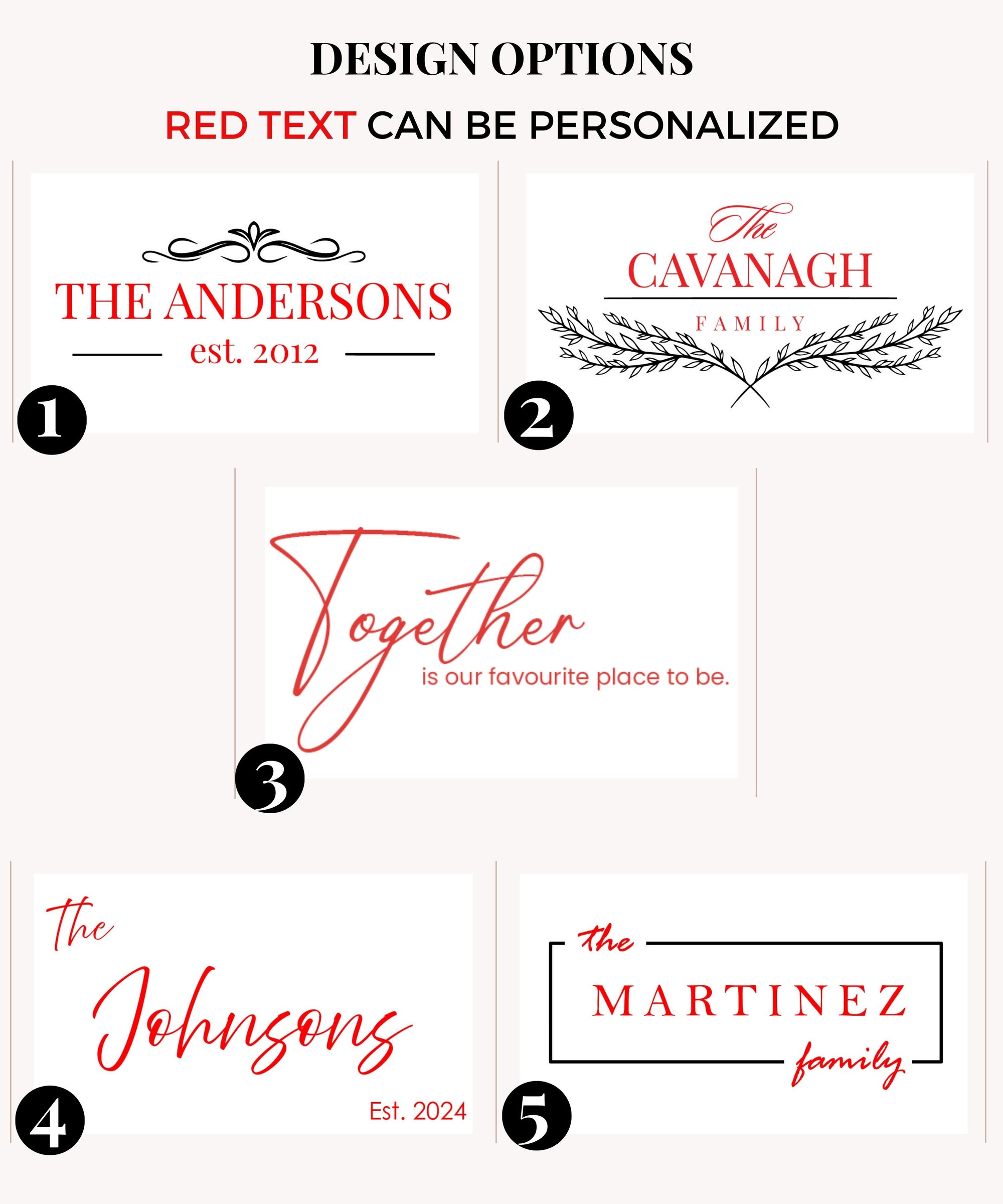 A set of five personalized engraving design options for family names, featuring elegant typography and accents. The customizable red text includes family names and details such as &quot;Est.&quot; dates, displayed in a clean and modern layout.