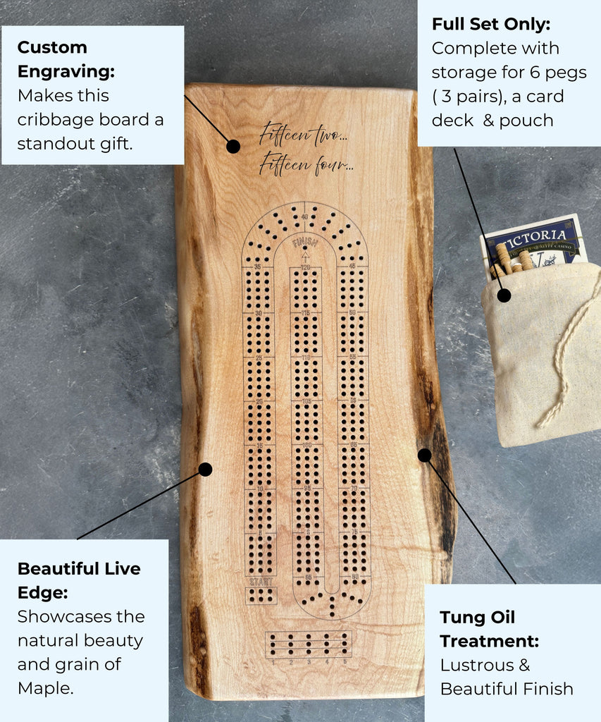Personalized Cribbage Board, Maple or Black Walnut Crib Boards with Live Edge Design, Rustic Game Board with Peg Storage, Custom Engraved Gifts, Fun Family Game