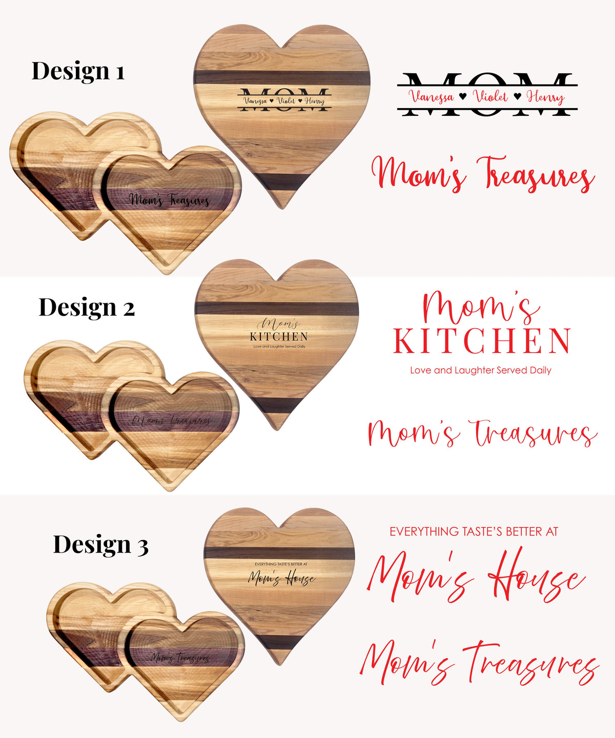 3 free designs are offered. Choose one to customize free with the purchase of  cutting board or wooden serving tray.