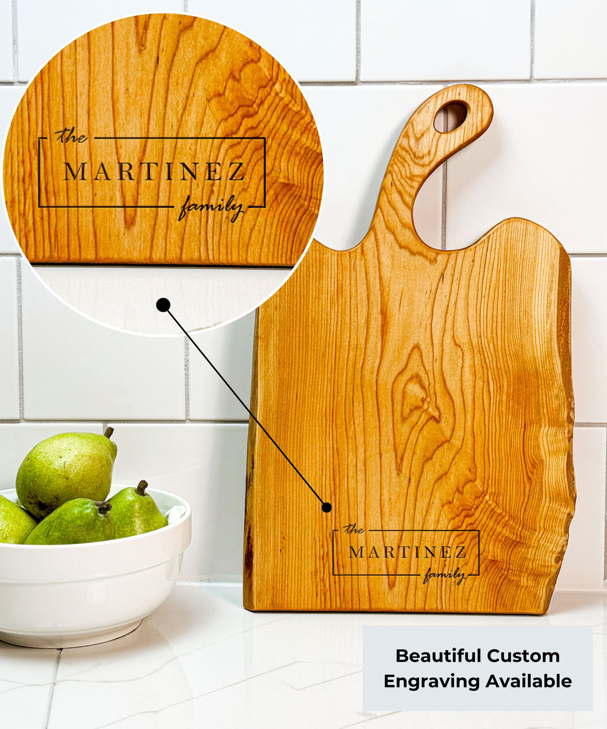 A live edge maple charcuterie board with a natural grain pattern, highlights the personalization with custom engraving options.