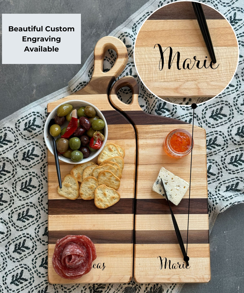 THE NESTLING TIMBERS: Personalized Hand Crafted Maple & Walnut Accent Charcuterie Boards