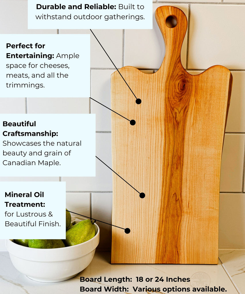 A Canadian live edge maple charcuterie board with a natural grain pattern, labeled for durability, ample entertaining space, craftsmanship, & mineral oil treatment. Board Length 18 or 24 inches