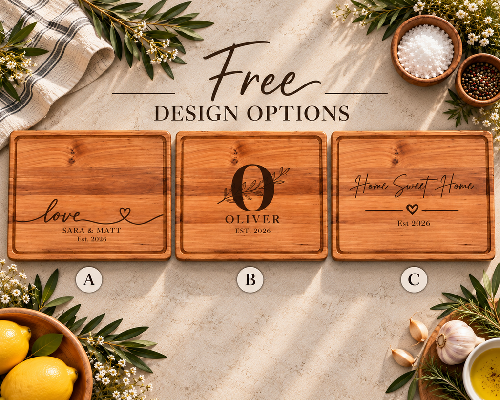 Three free personalized engraving options displayed on handcrafted wooden cutting boards. Choose from an elegant script love design, a family monogram with botanical details, or a traditional family name engraving. Custom engraved hardwood cutting boards make meaningful wedding, anniversary, bridal shower and housewarming gifts.