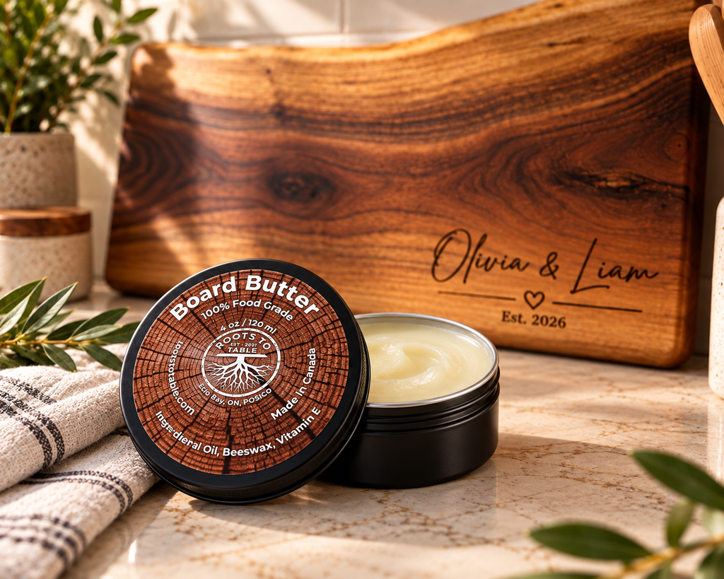 An open round tin of food grade Board Butter sits on a marble countertop next to its lid, which displays the product branding and a wood-grain pattern. In the background, a wooden cutting board engraved with 'Olivia & Liam' is propped up, alongside decorative plants and a striped cloth.