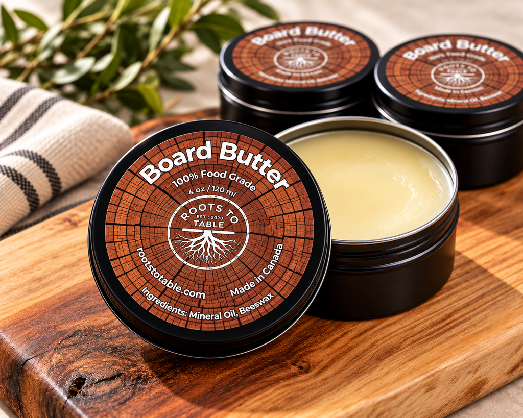 Three black metal tins of Roots To Table Board Butter are arranged on a wooden cutting board, with one tin open to show the pale yellow balm inside. The front tin lid features a wood-grain label with the product name and brand. Food-safe cutting board conditioner