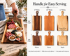 A collage for wooden serving boards. The left side shows a person holding a large wooden board with food and wine glasses in a dining setting.