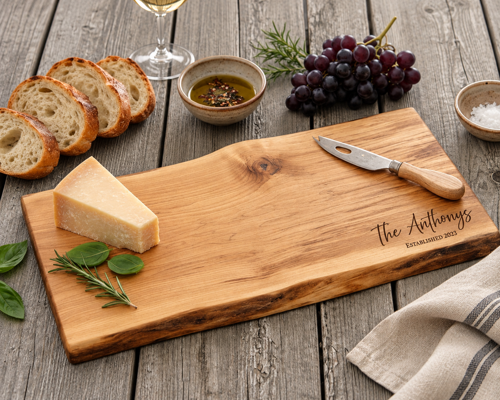 A personalized wooden cheese board with a live edge, engraved with 'The Anthony's EST 2023', styled on a rustic gray wooden table with bread, cheese, grapes, and a knife.