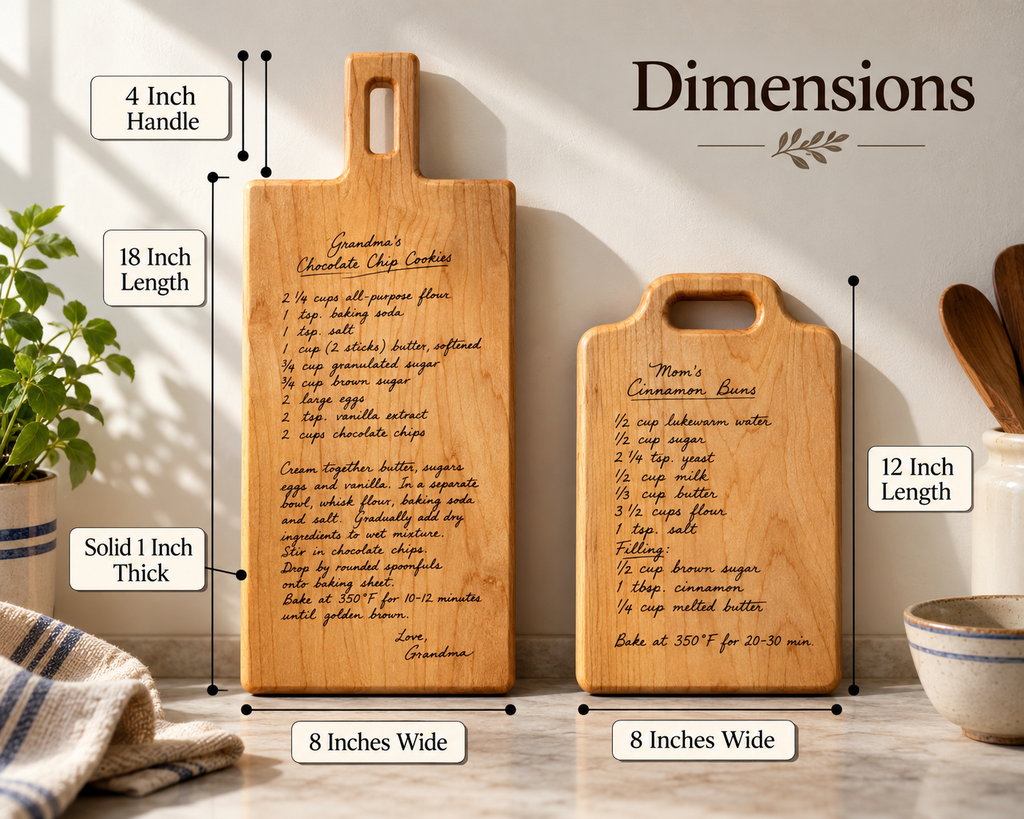 Two wooden bookends with handwritten engraved recipes, chocolate chip cookies and cinnamon bun recipes, shown with dimension callouts on a styled kitchen background. White text labels indicate 4-inch handles, 18-inch length, 1-inch thickness, and 8-by-8-inch dimensions.