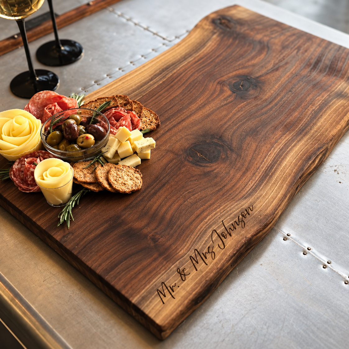 A large rustic personalized live-edge wooden serving board with engraved names, styled with charcuterie foods and wine glasses on a metallic table.