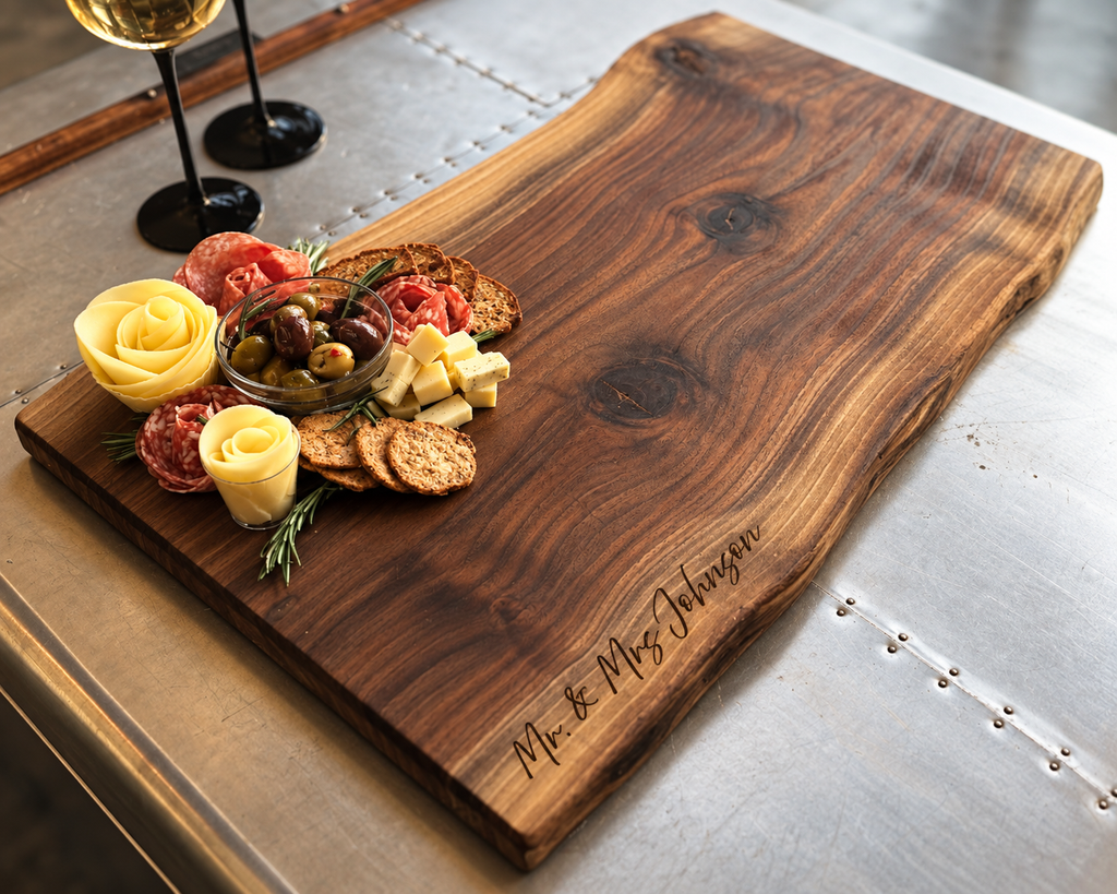 A large rustic personalized live-edge wooden serving board with engraved names, styled with charcuterie foods and wine glasses on a metallic table.