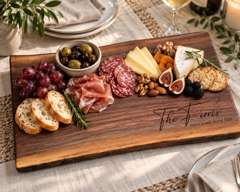 A personalized wooden charcuterie board engraved with 'The Ferris' and 'Marie & Sean Nicole 2025' is styled on a woven placemat with bread, grapes, prosciutto, cheese, nuts, figs, olives, and crackers. A wine glass and candle are softly blurred in the background.