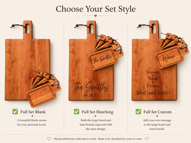 Personalized Cheese Board Set, Engraved Charcuterie with 4 Mini Boards
