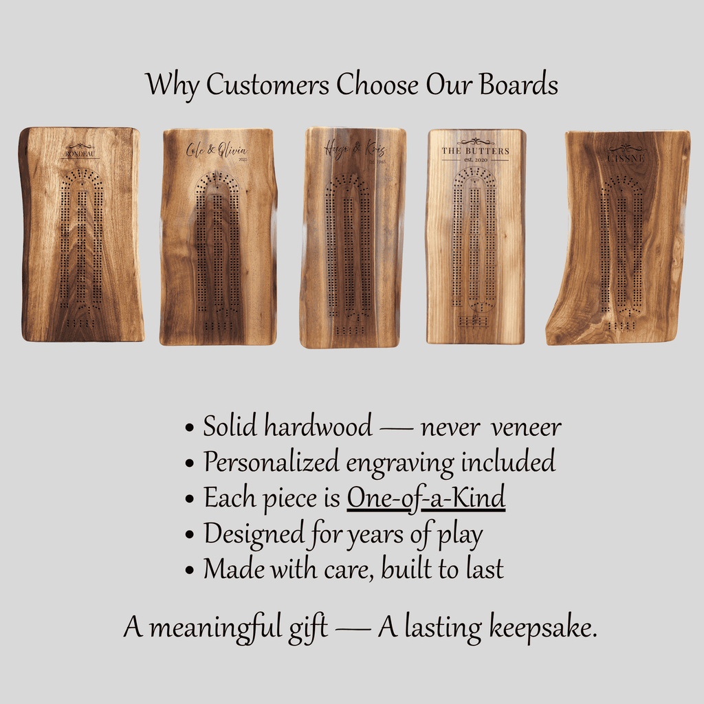 Personalized Custom Live Edge Cribbage Board, Maple or Black Walnut Crib Boards with Live Edge Design, Rustic Game Board with Peg Storage, Custom Engraved Gifts, Fun Family Game
