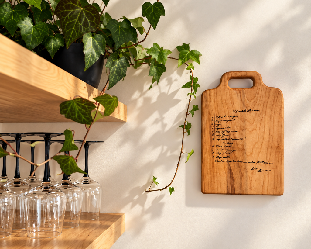 A wooden board with a hand written recipe hangs on the wall in a kitchen as home decor and a treasured memory.