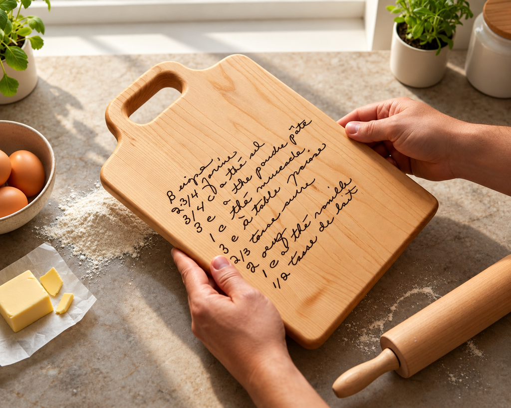 A light maple wood cutting board with a handle and handwritten recipe engraved in french, held by two hands over a floured kitchen counter with a rolling pin, eggs, butter, and small potted plants in the background. Makes a perfect gift.