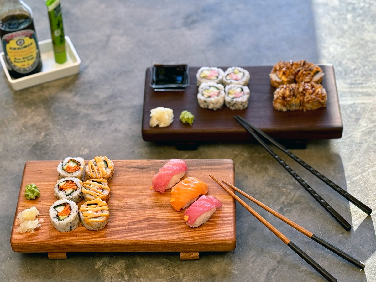Personalized Wooden Sushi Board Set: Maple or Walnut, Engraved Sushi Platter