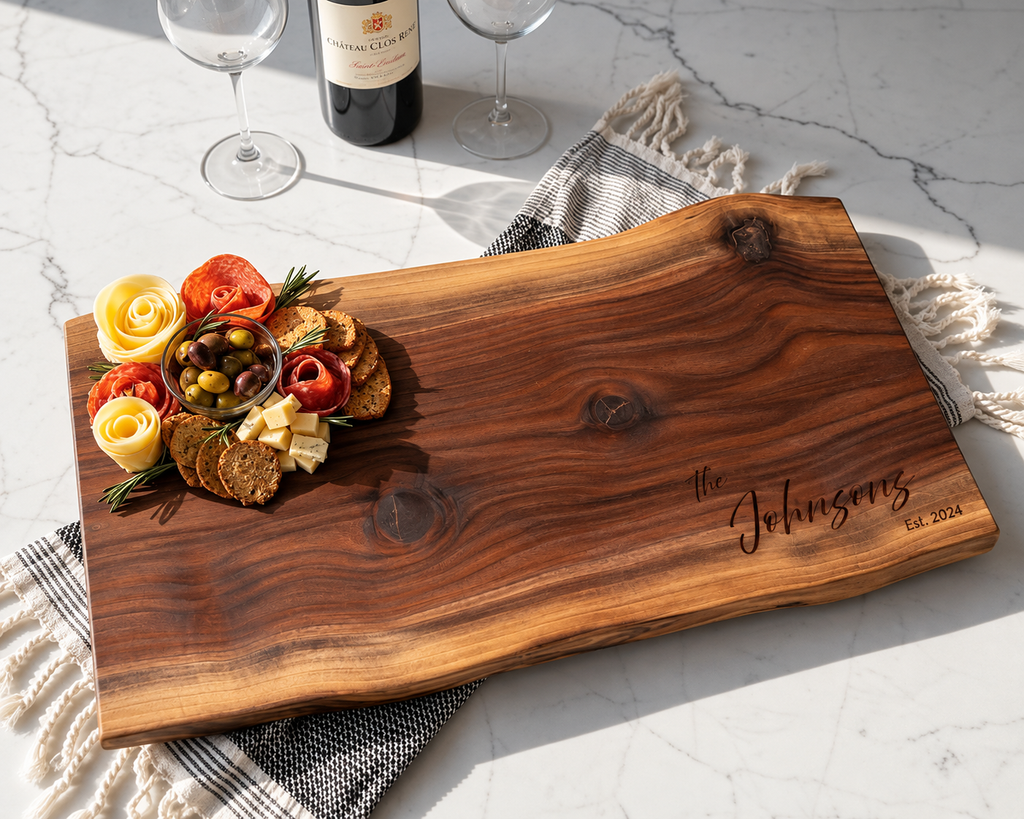 Large personalized charcuterie board with live edges in walnut wood. Engraved with The Johnsons Est. 2024. This serving board has beautiful grain and colouration. Unique for wedding, anniversary and housewarming gifts.