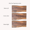 Three wooden cutting boards with engraved text showing locations for custom personalization