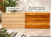 Two rectangular wooden cutting boards on a countertop in a kitchen setting, labeled 'Untreated Board' and 'After Mineral Oil Soak & Board Butter Application.' The left board is light natural wood, and the right board is darker, richer wood with a glossy finish.