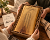 A personalized wooden live edge cribbage board game with text 'VANDERBILT 1972' presented in a gift box. A 'Happy Father's Day' gift card is visible on the left.