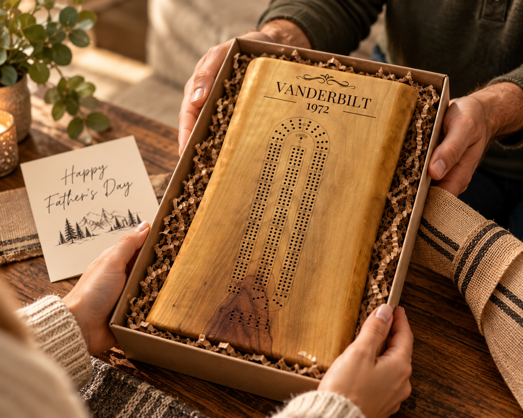 A personalized wooden live edge cribbage board game with text 'VANDERBILT 1972' presented in a gift box. A 'Happy Father's Day' gift card is visible on the left.