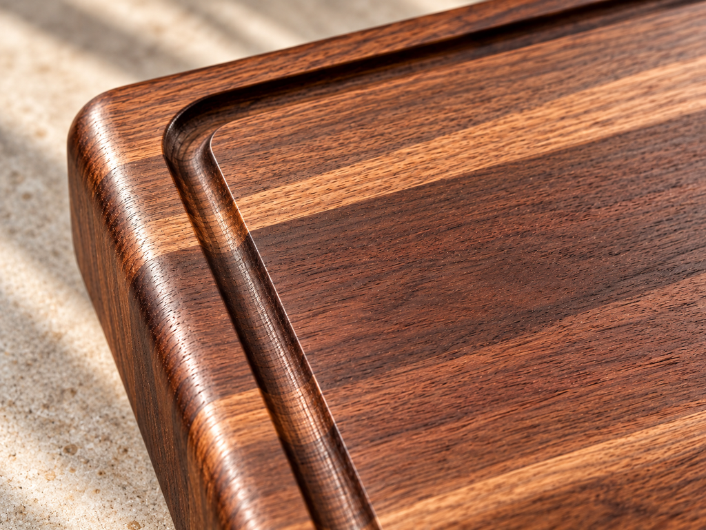 Close-up of a handcrafted walnut cutting board highlighting its rich natural wood grain, smooth rounded corners, precision-routed juice groove and carefully finished edges. Detailed view showcasing the craftsmanship and quality of a solid hardwood cutting board designed for food preparation, serving and personalized gift giving.