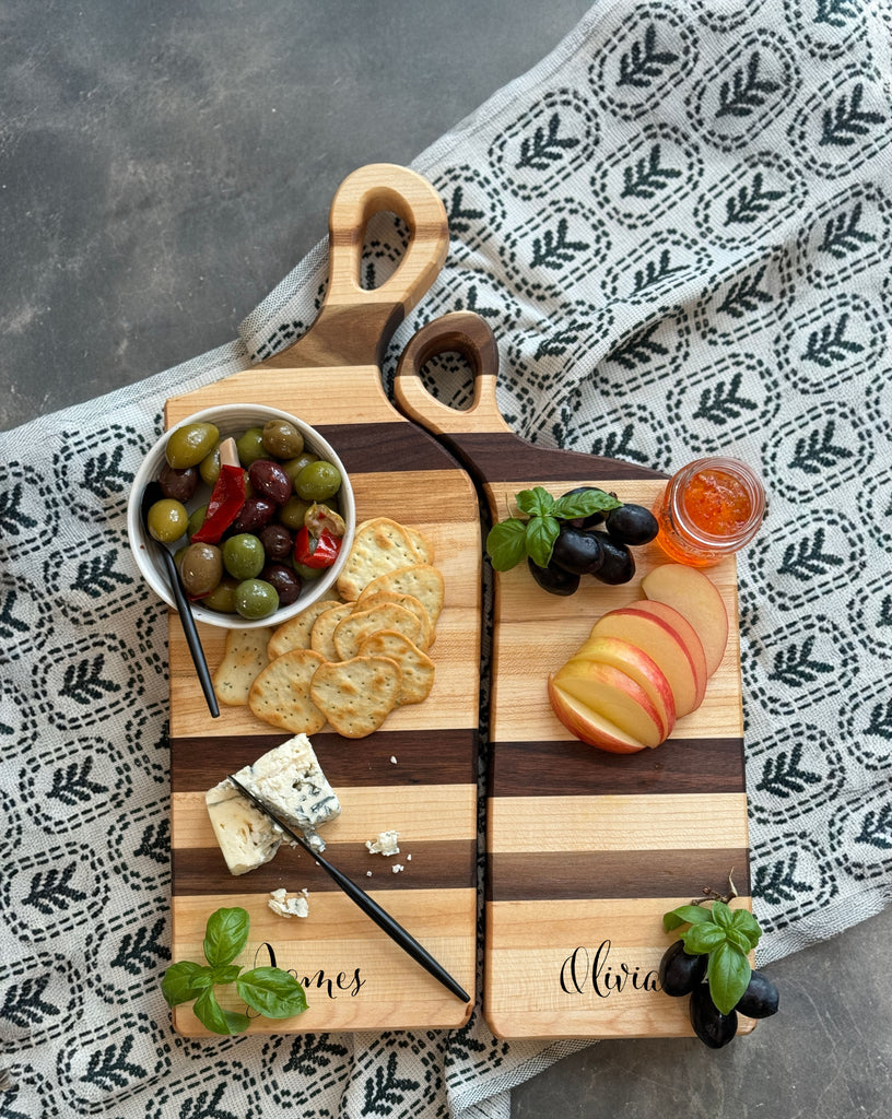 THE NESTLING TIMBERS: Personalized Hand Crafted Maple & Walnut Accent Charcuterie Boards