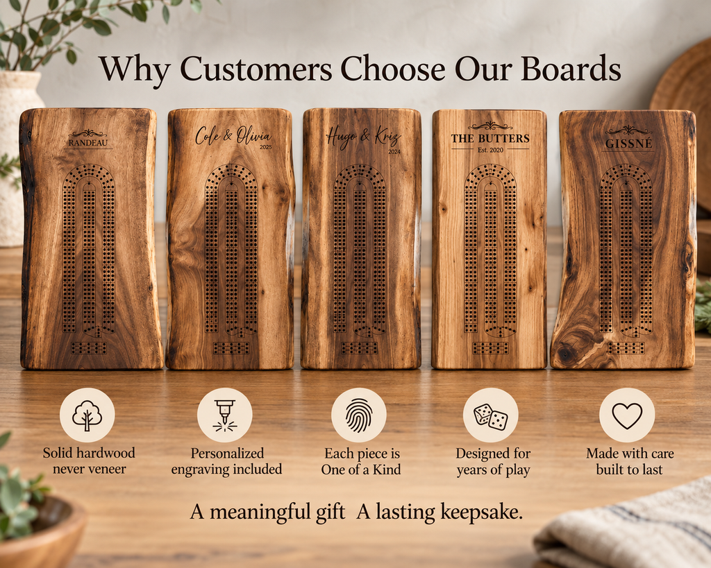 Five engraved walnut crib board games displayed side by side on a wooden table, with marketing text above reading 'Why Customers Choose Our Boards' and feature callouts below. A personalized meaningful gift, a lasting keepsake.