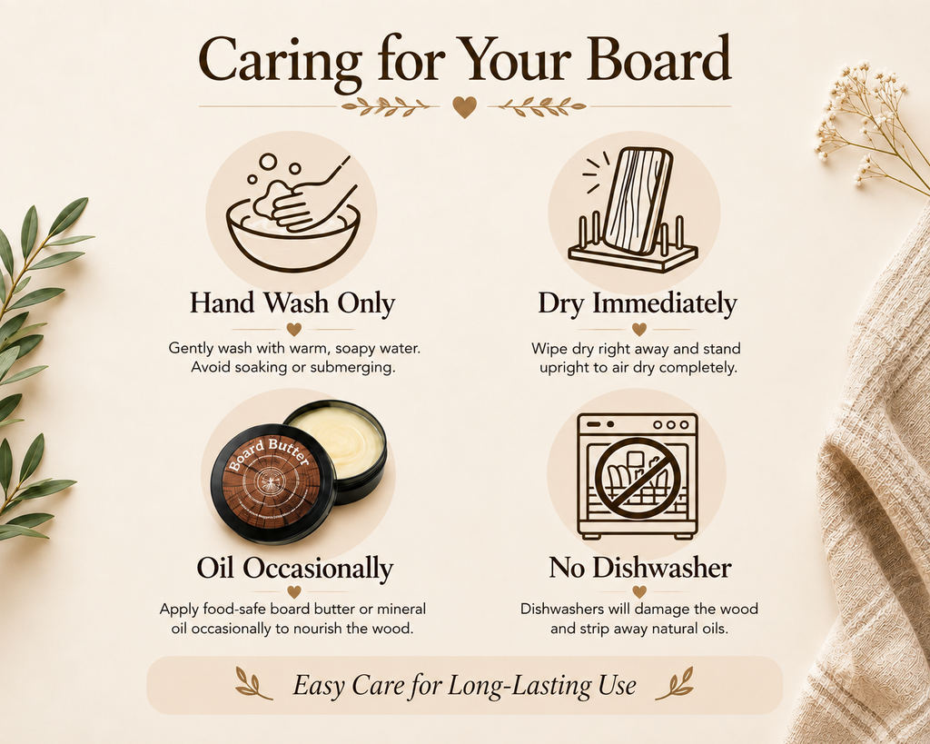 An informational care graphic for a wooden board or tray, titled 'Caring for Your Board,' with four illustrated care instructions and text: hand wash only, dry immediately, oil occasionally, and no dishwasher. The design uses a warm cream background with brown text and icons, plus decorative leaves, dried flowers, and a folded beige textile along the edges.