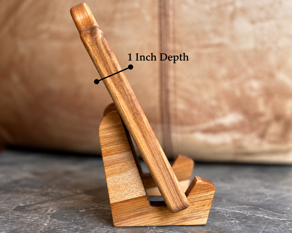 An infographic showing the handwritten recipe board side profile, 1 in thick. The board rests on a wooden book stand.