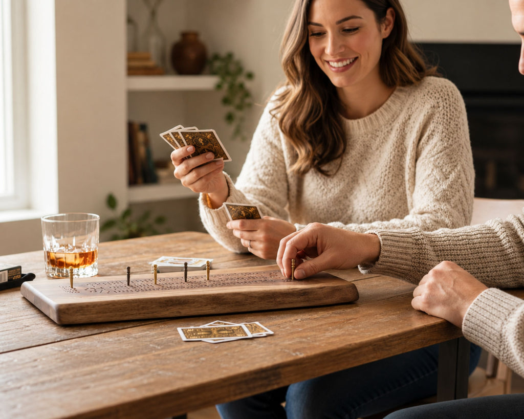 A couple playing a wooden cribbage board game at a rustic wooden table, with one person holding cards and another placing a card on the board. A glass of whiskey sits nearby in a warmly lit home setting.