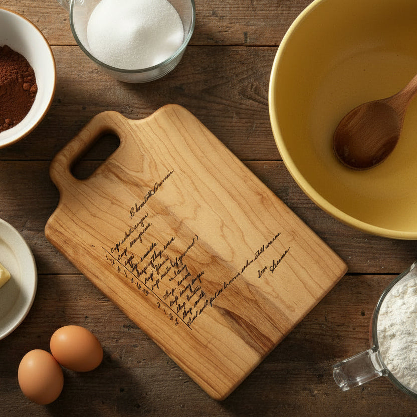 A small maple cutting board with custom engraving of chocolate brownie recipe