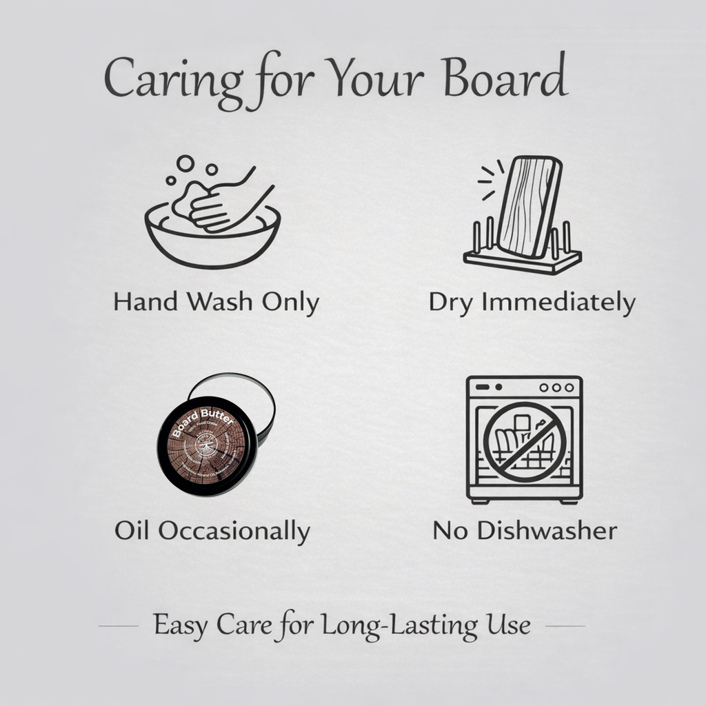 Instructions for caring for a cutting board or charcuterie board with icons and text showing to hand wash only and dry immediately, oil board frequently