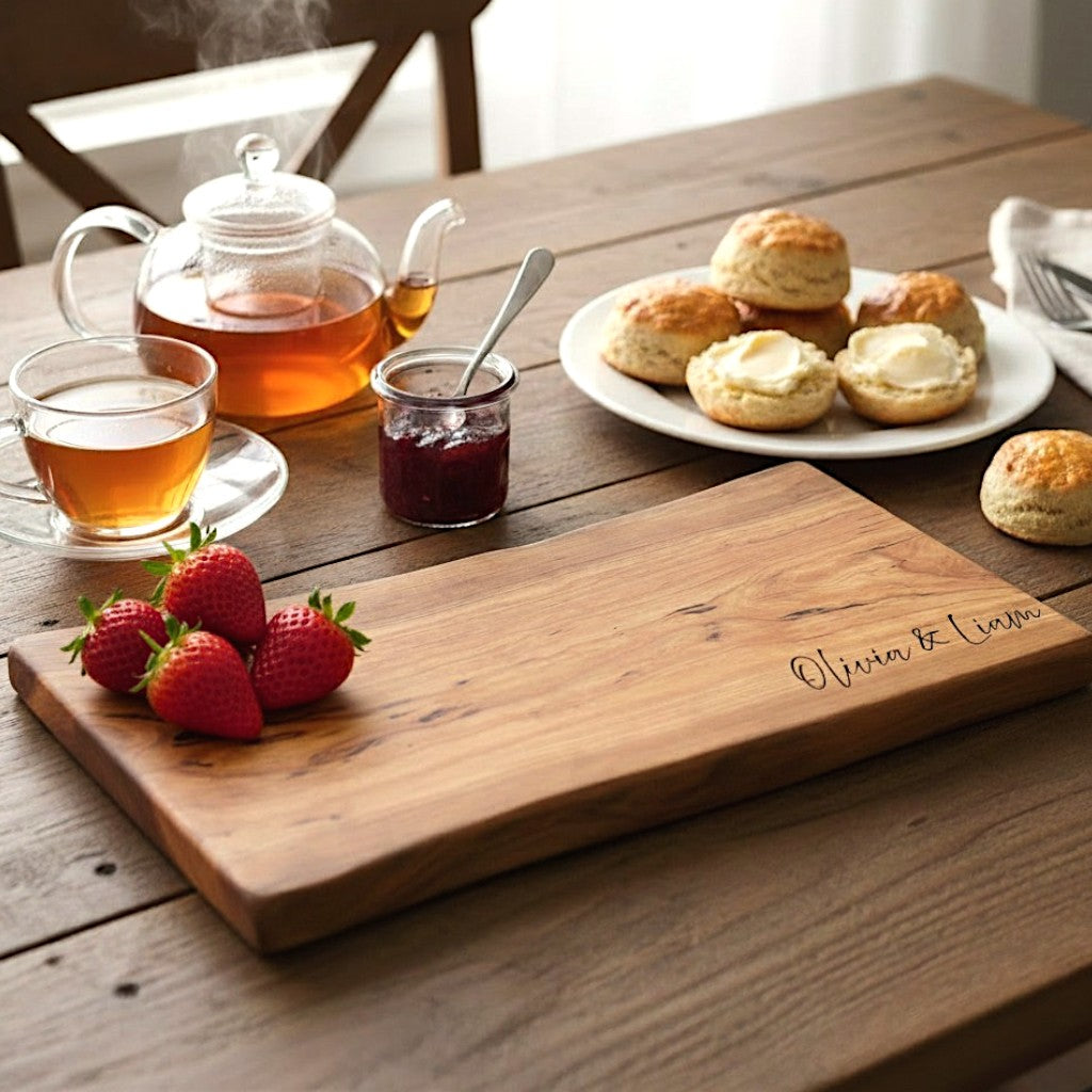 Cherry live edge charcuterie board styled with breakfast items and tea, engraved with couples name.