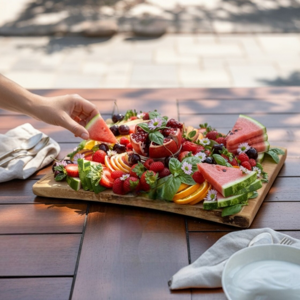 Live edge wooden charcuterie board with fresh fruit including watermelon, berries, and citrus served outdoors for entertaining