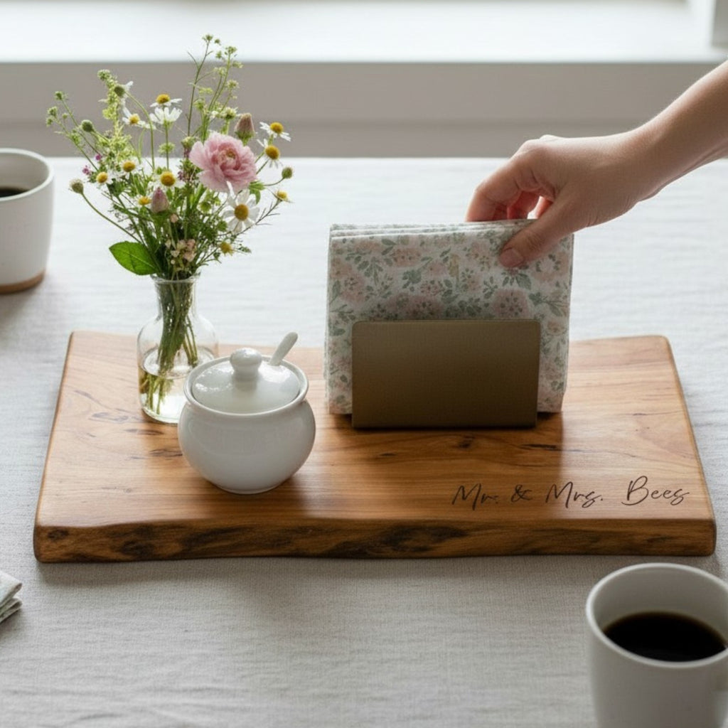 Cherry live edge decorative tray with serviettes, sugar bowl and wildflowers