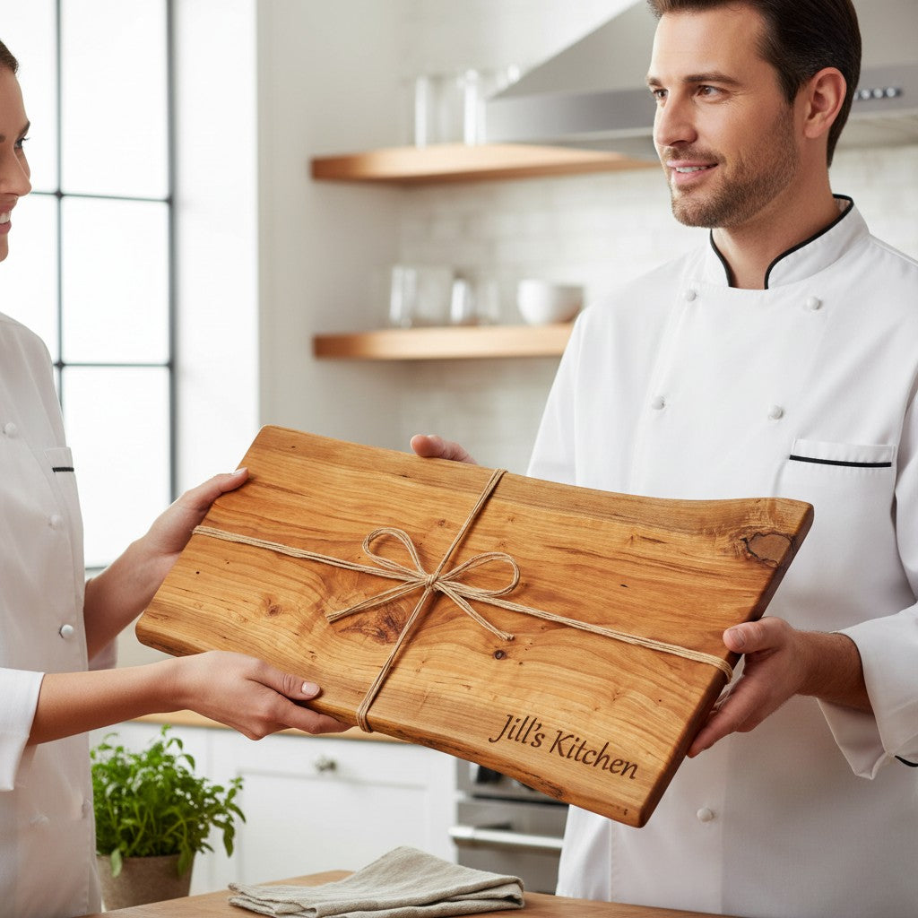 a personalized wrapped cherry live edge charcuterie board being gifted from one chef to another.