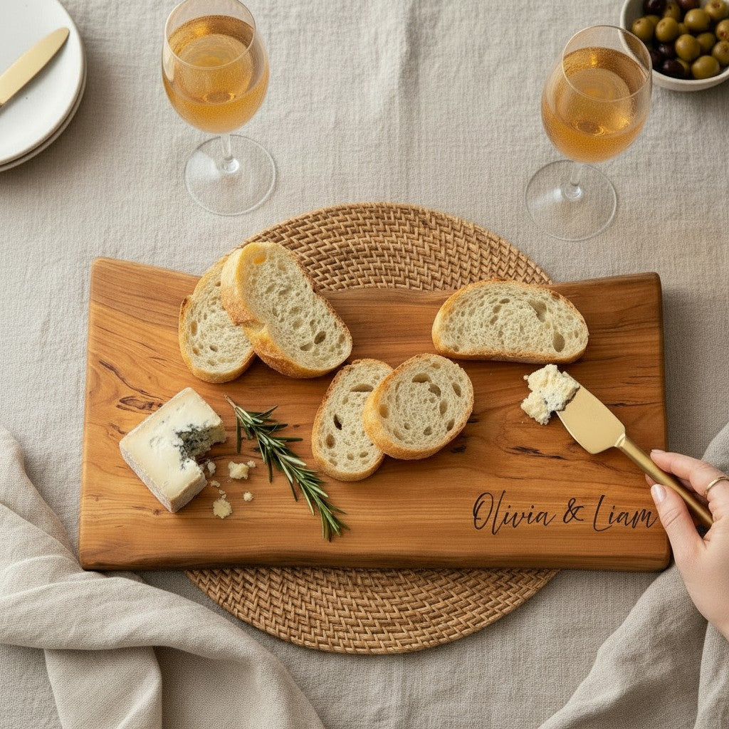 Wooden cutting board with bread, cheese, and a hand holding a knife on a table setting. Cherry live edge charcuterie board styled with bread, cheese, and olives