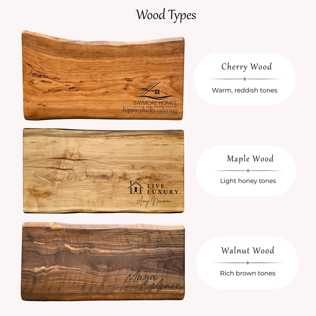 Three wooden cutting boards with different wood types, cherry, walnut, maple and unique realtor logos for closing gifts