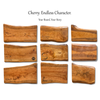 Variations in cherry wood grain and live edge character for custom engraved charcuterie boards