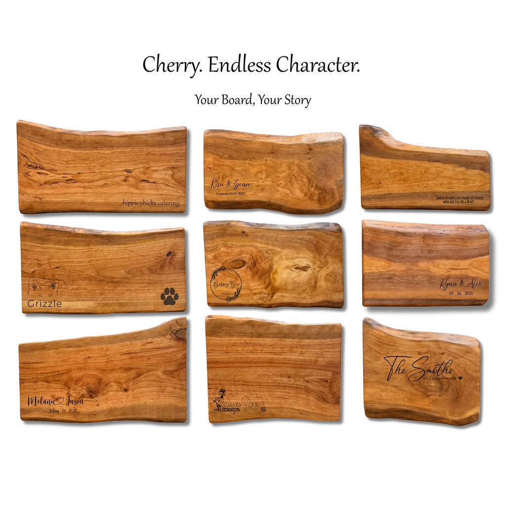 Variations in cherry wood grain and live edge character for custom engraved charcuterie boards