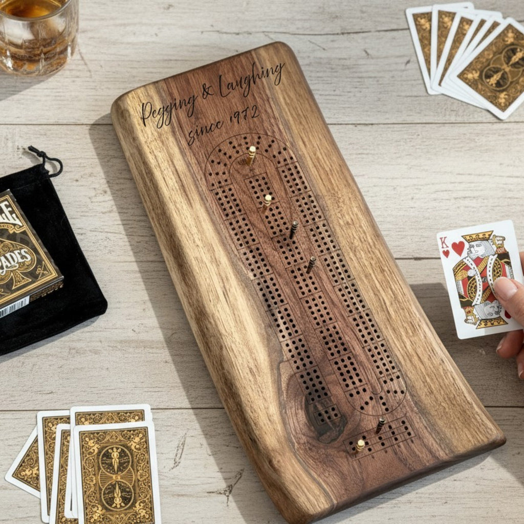 Personalized Custom Live Edge Cribbage Board, Maple or Black Walnut Crib Boards with Live Edge Design, Rustic Game Board with Peg Storage, Custom Engraved Gifts, Fun Family Game