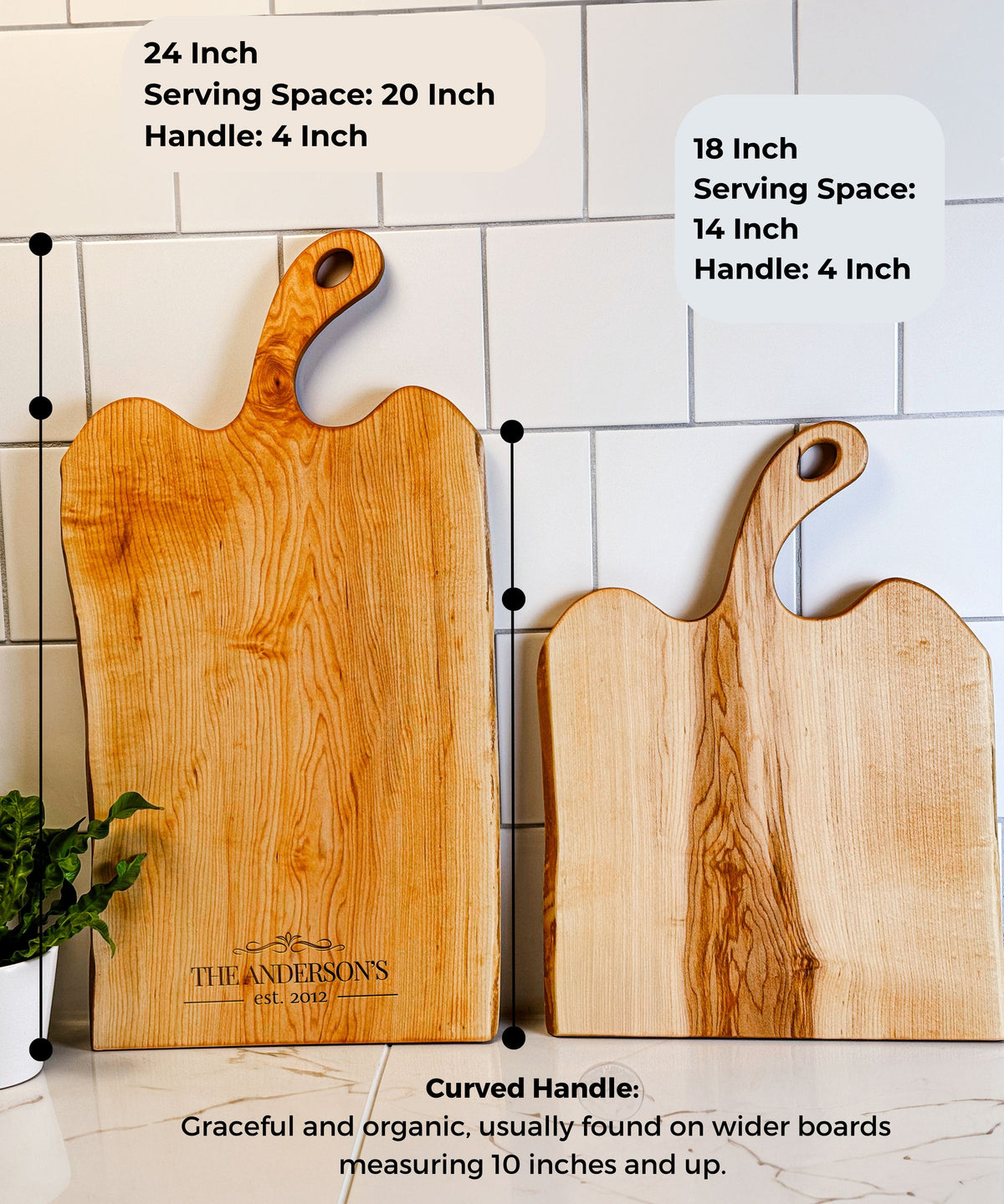 Two handcrafted Live Edge maple serving boards displayed upright, featuring natural wood grain and dimensions labeled. The larger charcuterie board is 24 inches with a 20-inch serving space, and the smaller is 18 inches with a 14-inch serving space. These charcuterie boards have a wider surface and can support a curved handle.