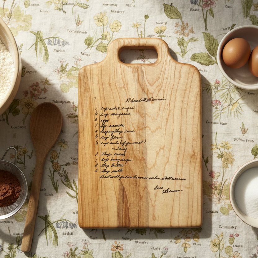 Personalized maple cutting board with handwritten brownie recipe engraved. A keepsake gift with meaning.