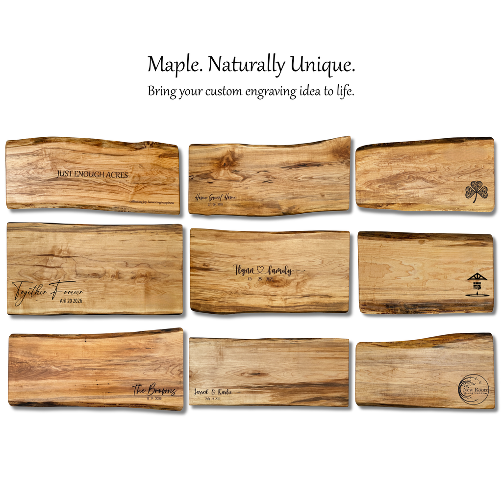 Collection of maple wooden cutting boards with custom engraving to inspire personalized gifting ideas
