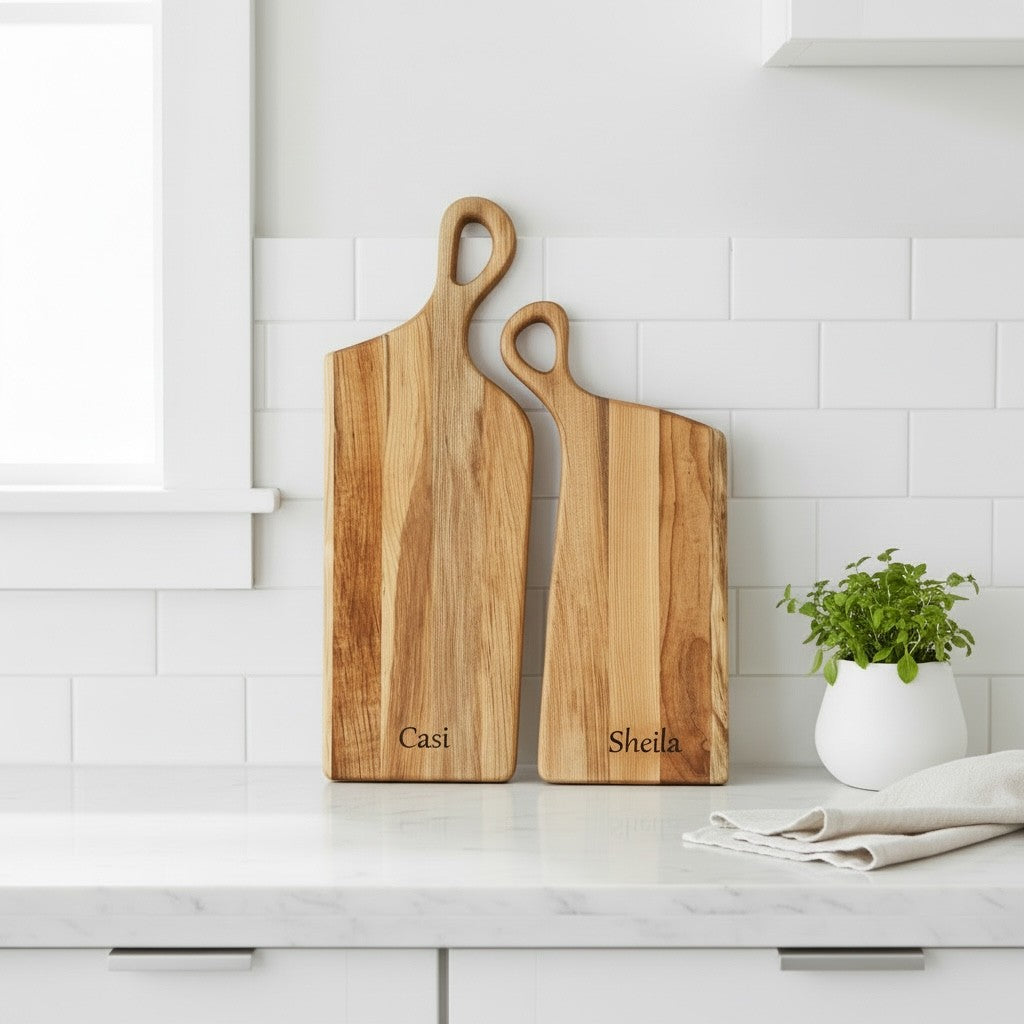 Personalized nesting charcuterie board set used as home decor for newlyweds and entertaining