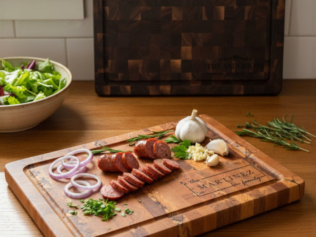 Personalized Cutting Boards, End Grain Walnut and Maple Custom Engraved Boards.