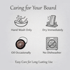Care instructions for personalized nesting charcuterie board including hand wash and oiling recommendations